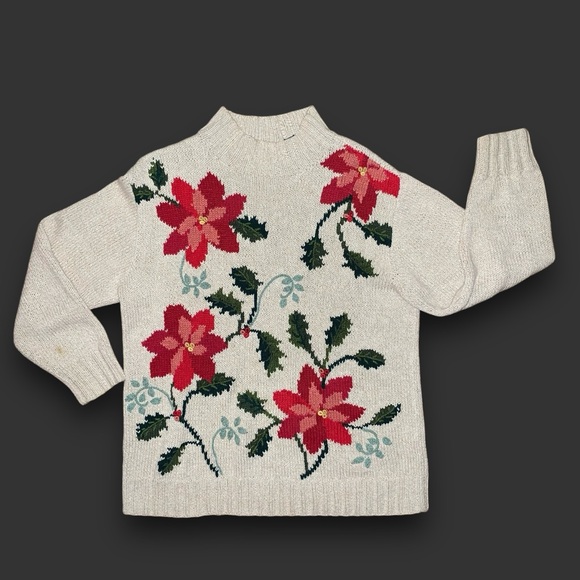 v i n t a g e :: Oversized Poinsettia Embroidered Christmas Sweater - Picture 9 of 12
